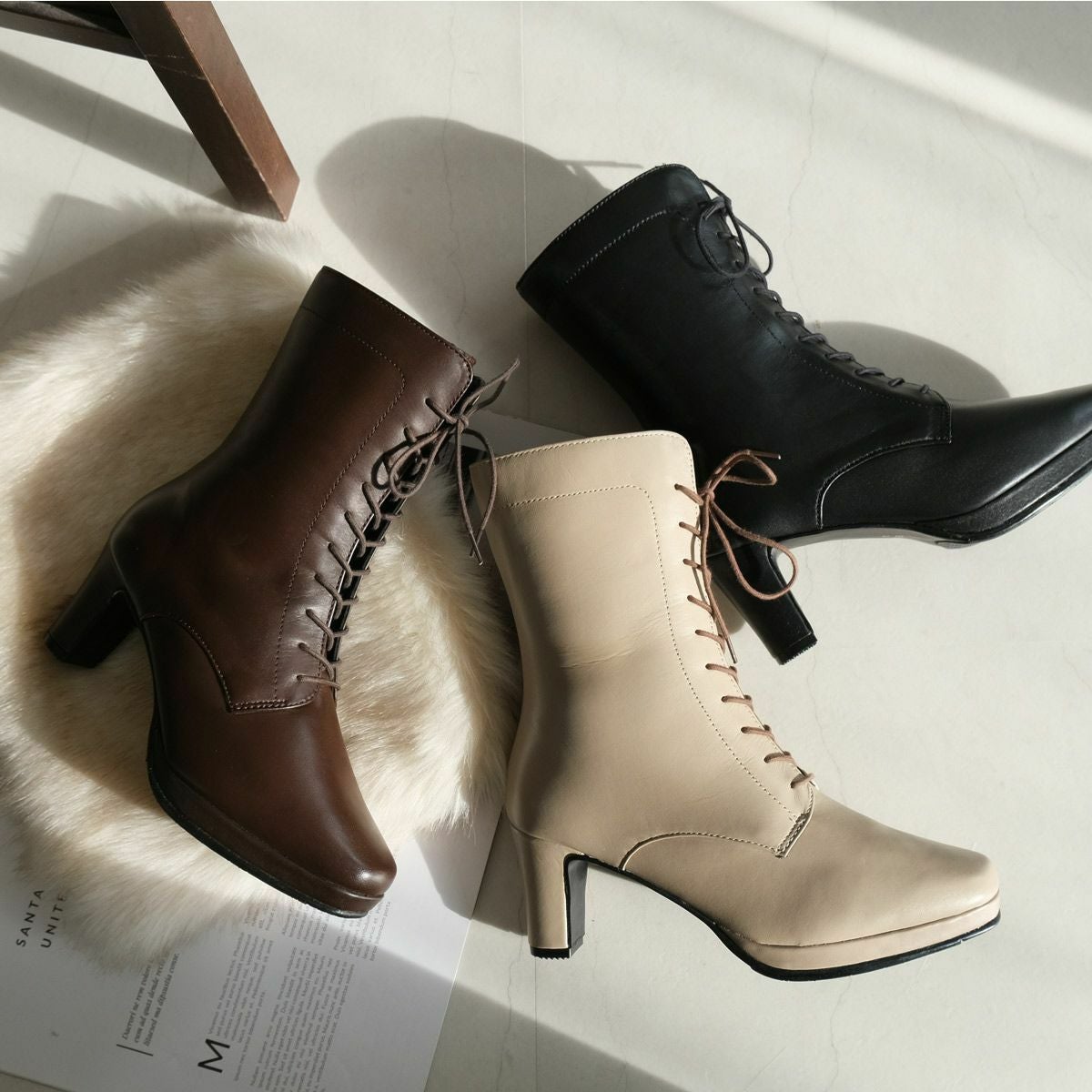 在庫限り！特別価格！】レースアップ 編み上げ ミドル丈ブーツ本革