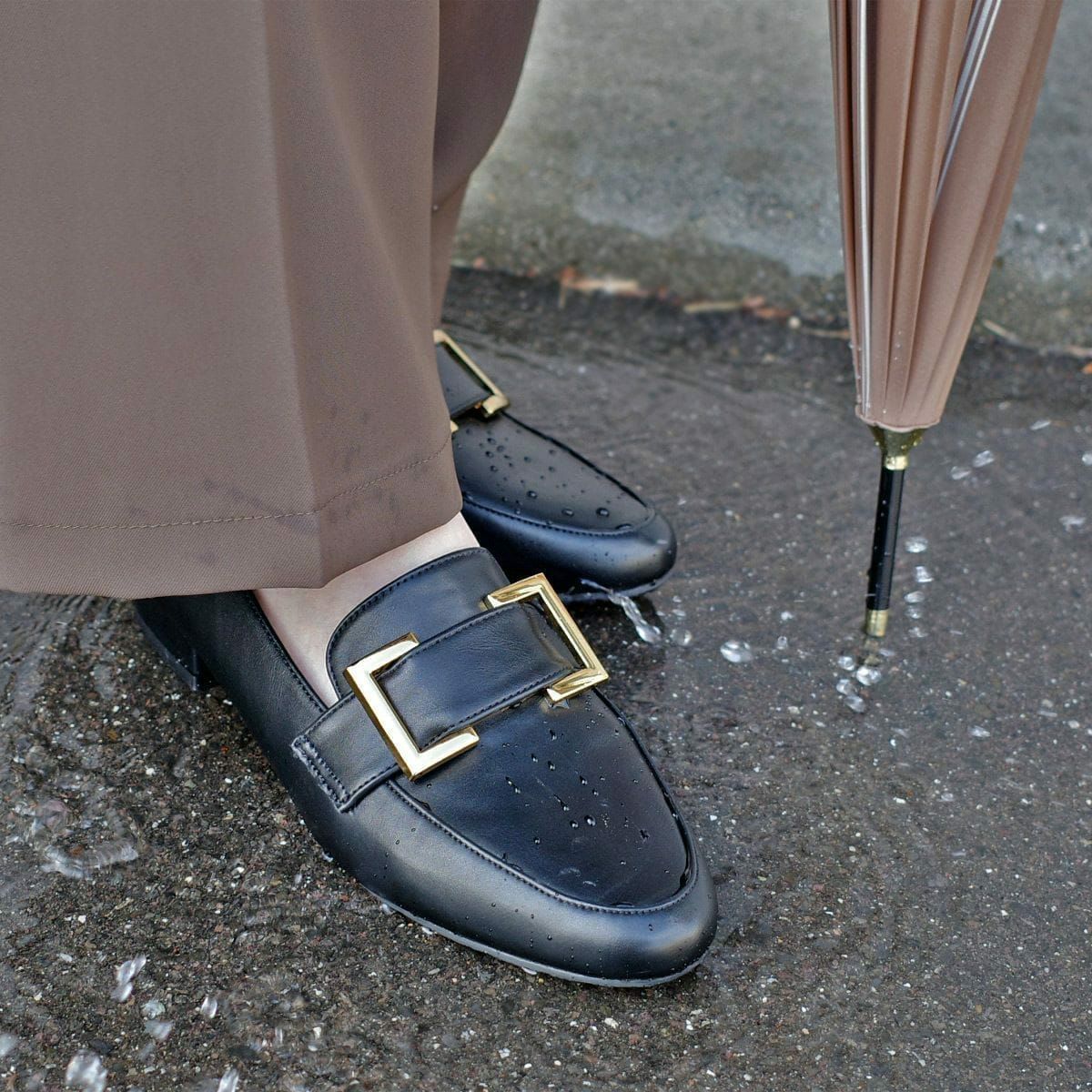 晴雨兼用 生活 防水 レインローファー バックルプレーン靴 レディース