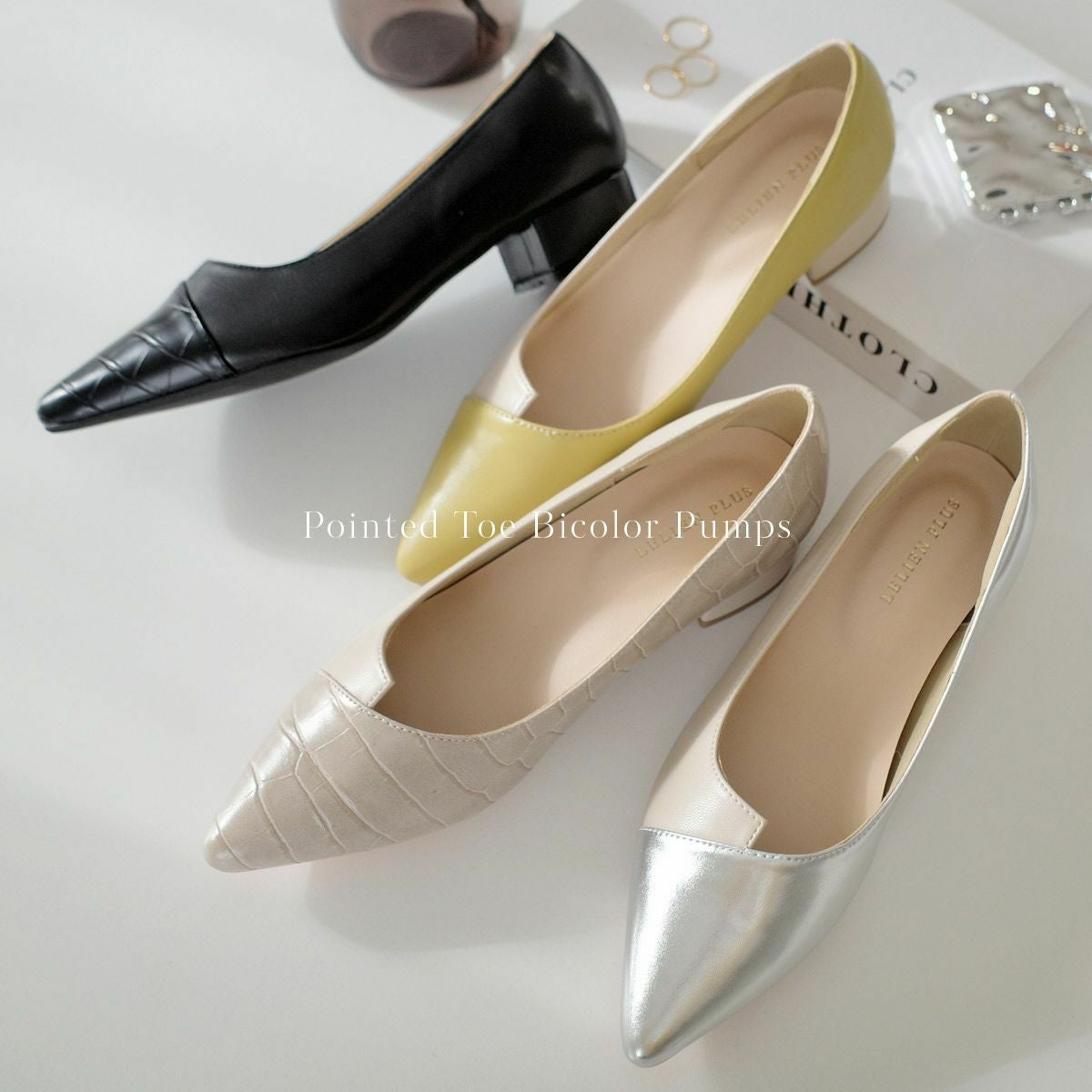 在庫限り！特別価格！】ポインテッドトゥバイカラー太ヒールパンプス