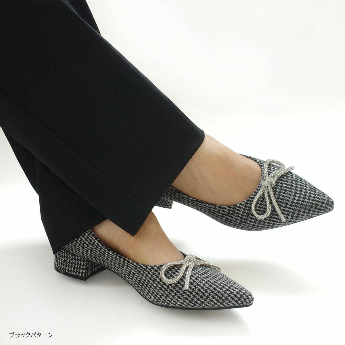ラインストーンリボンポインテッドトゥパンプスバレエパンプス