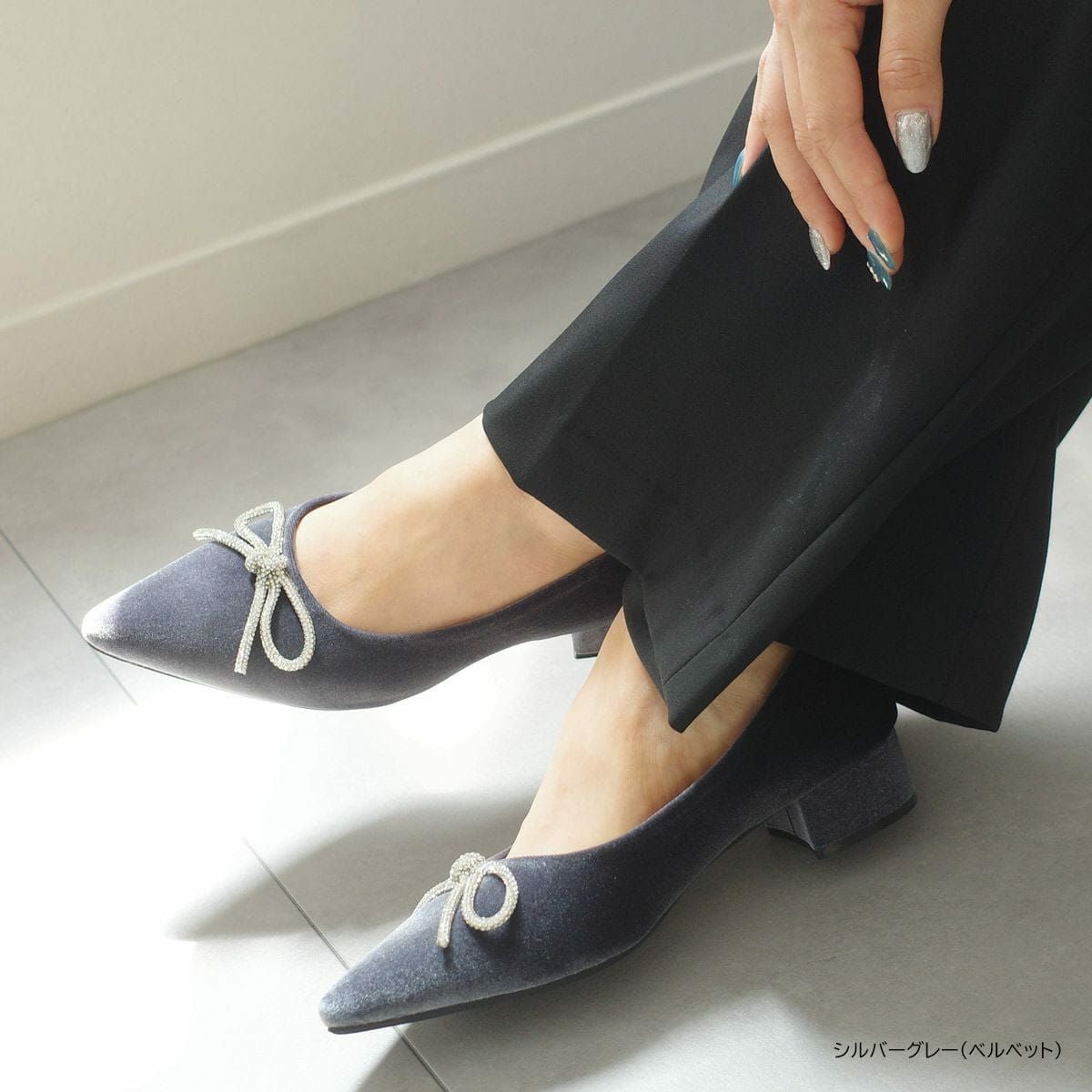 ラインストーンリボンポインテッドトゥパンプスバレエパンプス