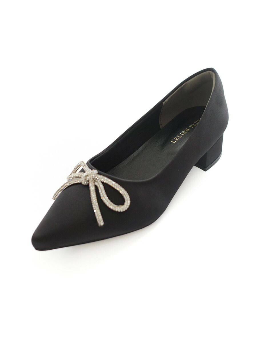 ラインストーンリボンポインテッドトゥパンプスバレエパンプス