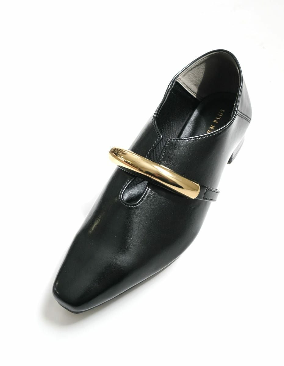 ソフトスクエアゴールドモチーフパンプスローヒールバブーシュ