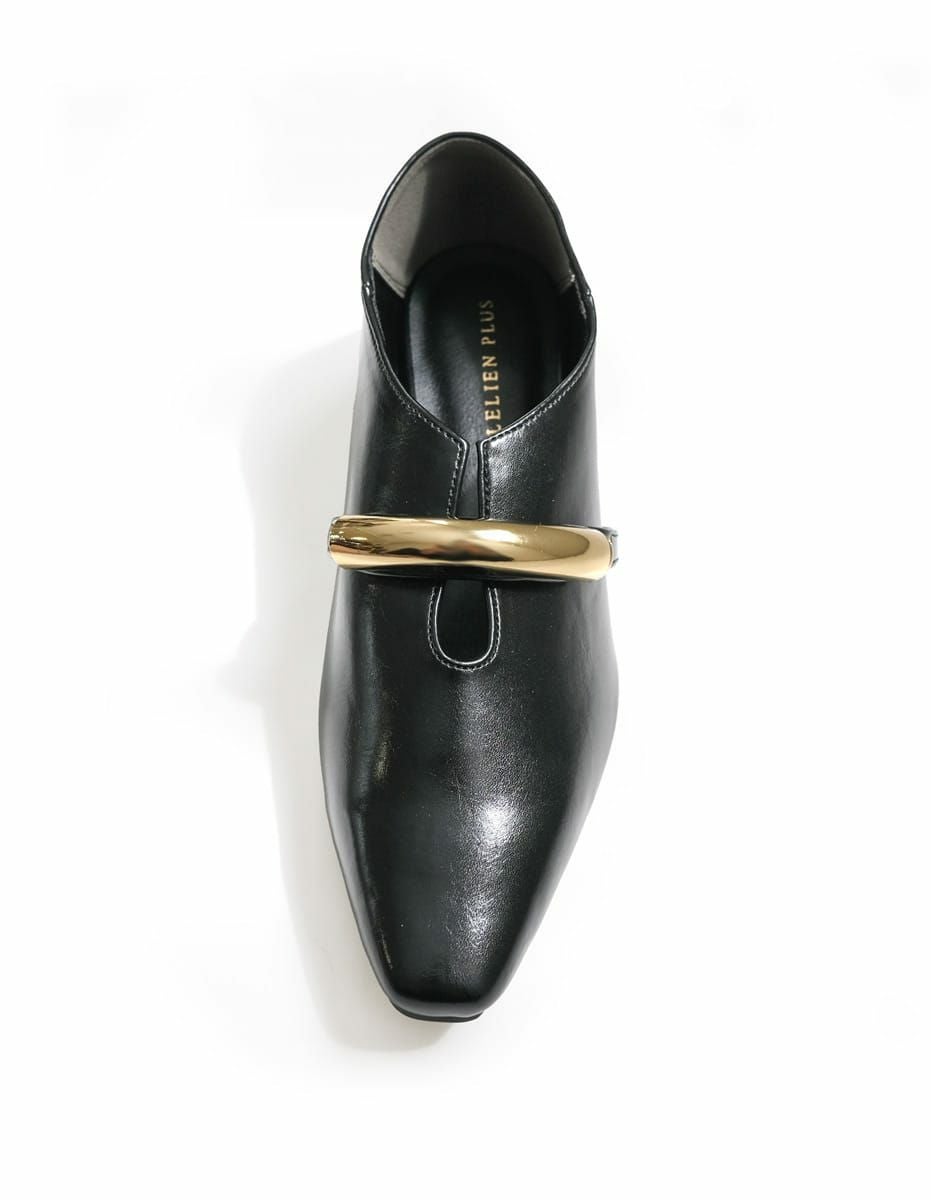 ソフトスクエアゴールドモチーフパンプスローヒールバブーシュ