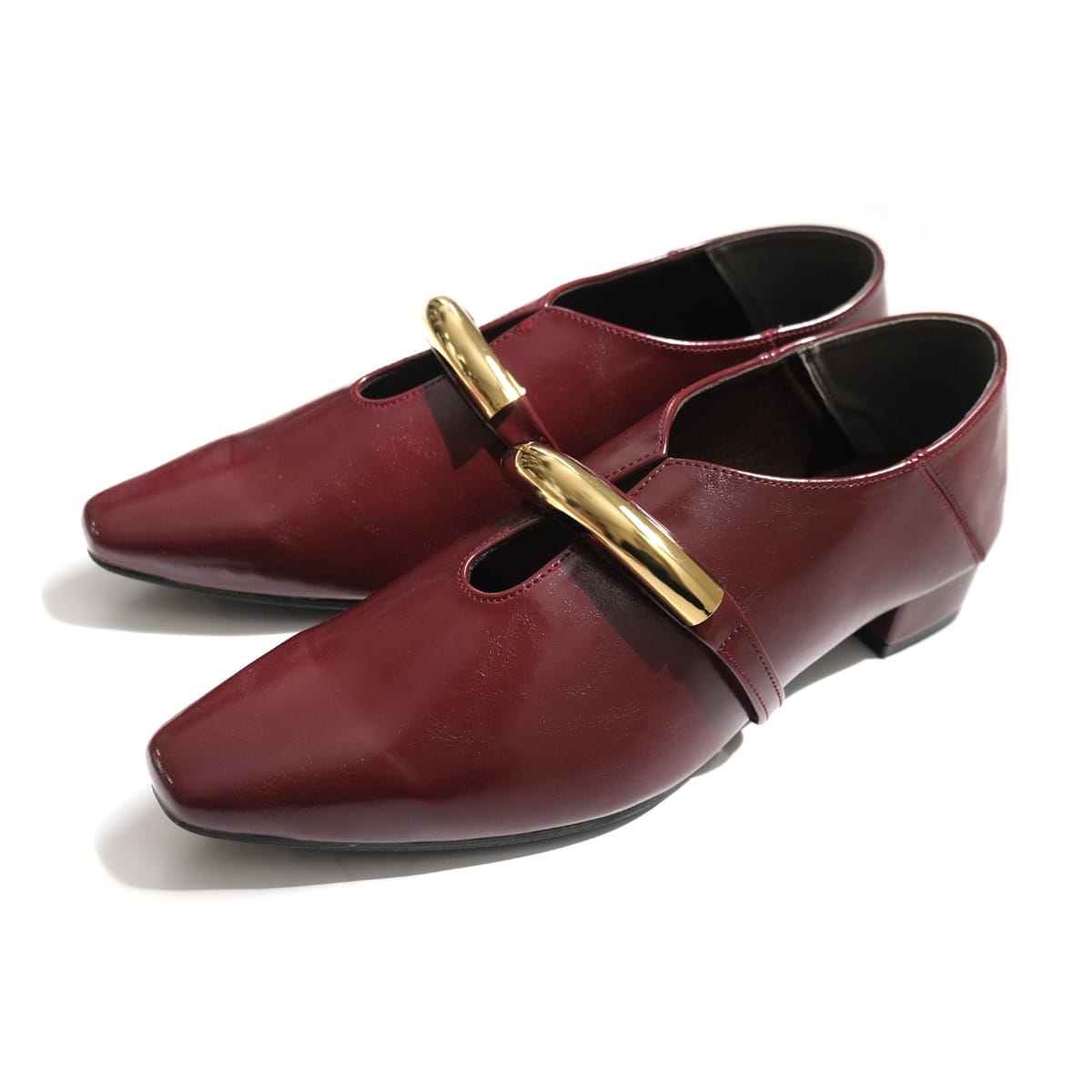 ソフトスクエアゴールドモチーフパンプスローヒールバブーシュ